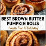 Golden brown butter pumpkin cinnamon rolls on a baking tray for a cozy Fall Brunch Savory treat.